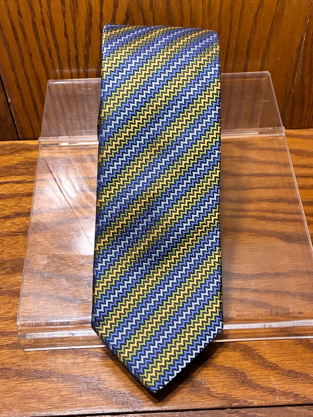 Y2K VTG Missoni Silk Zig Zag Textured Tie Made In Italy Blue Green Yellow 3.5”
